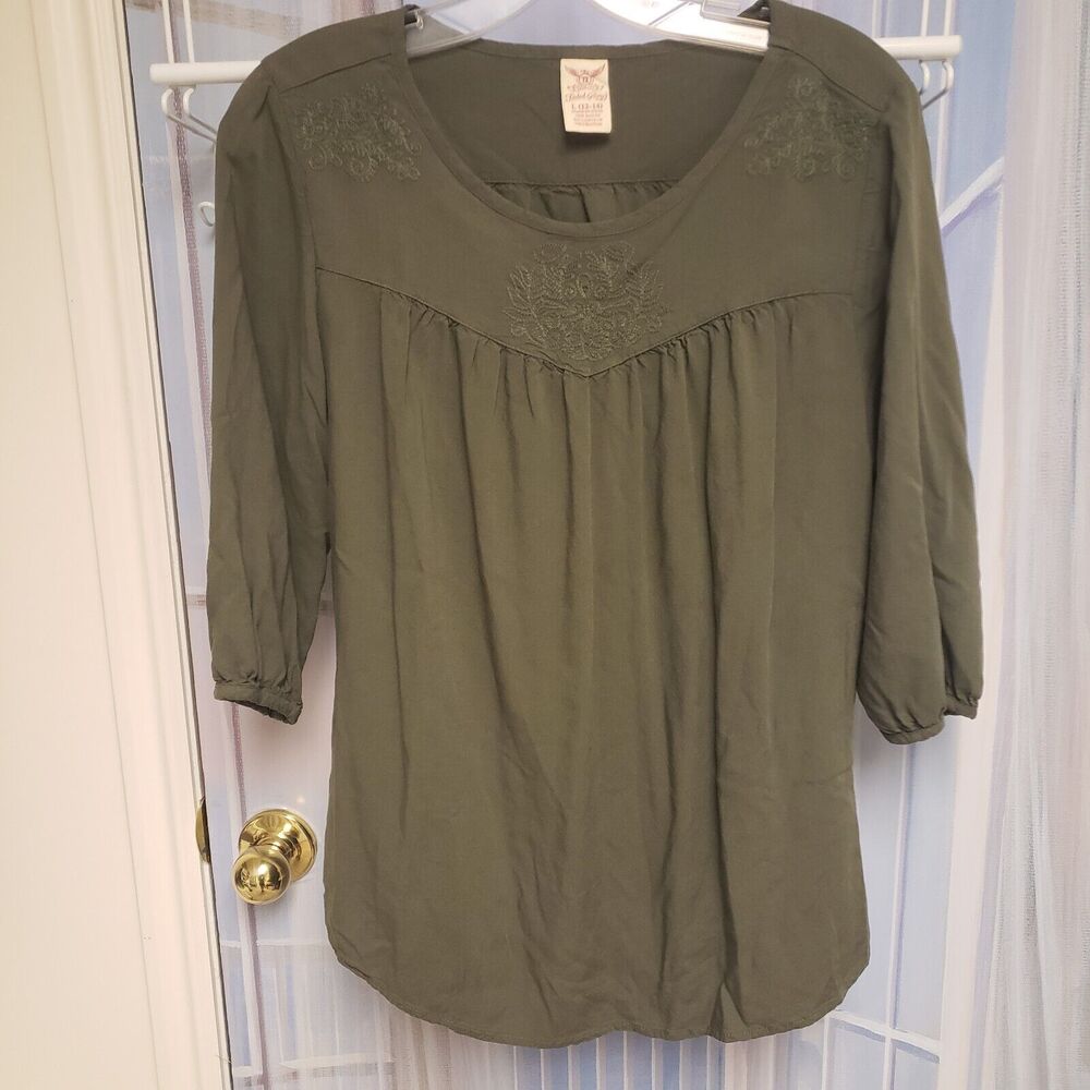 Faded Glory Large Dark Green Shirt Embroidery 3/4 Sleeve Blouse L